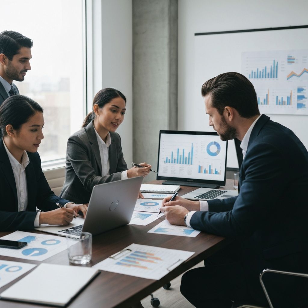 Equipo directivo de empresa familiar en reunión estratégica analizando reportes financieros